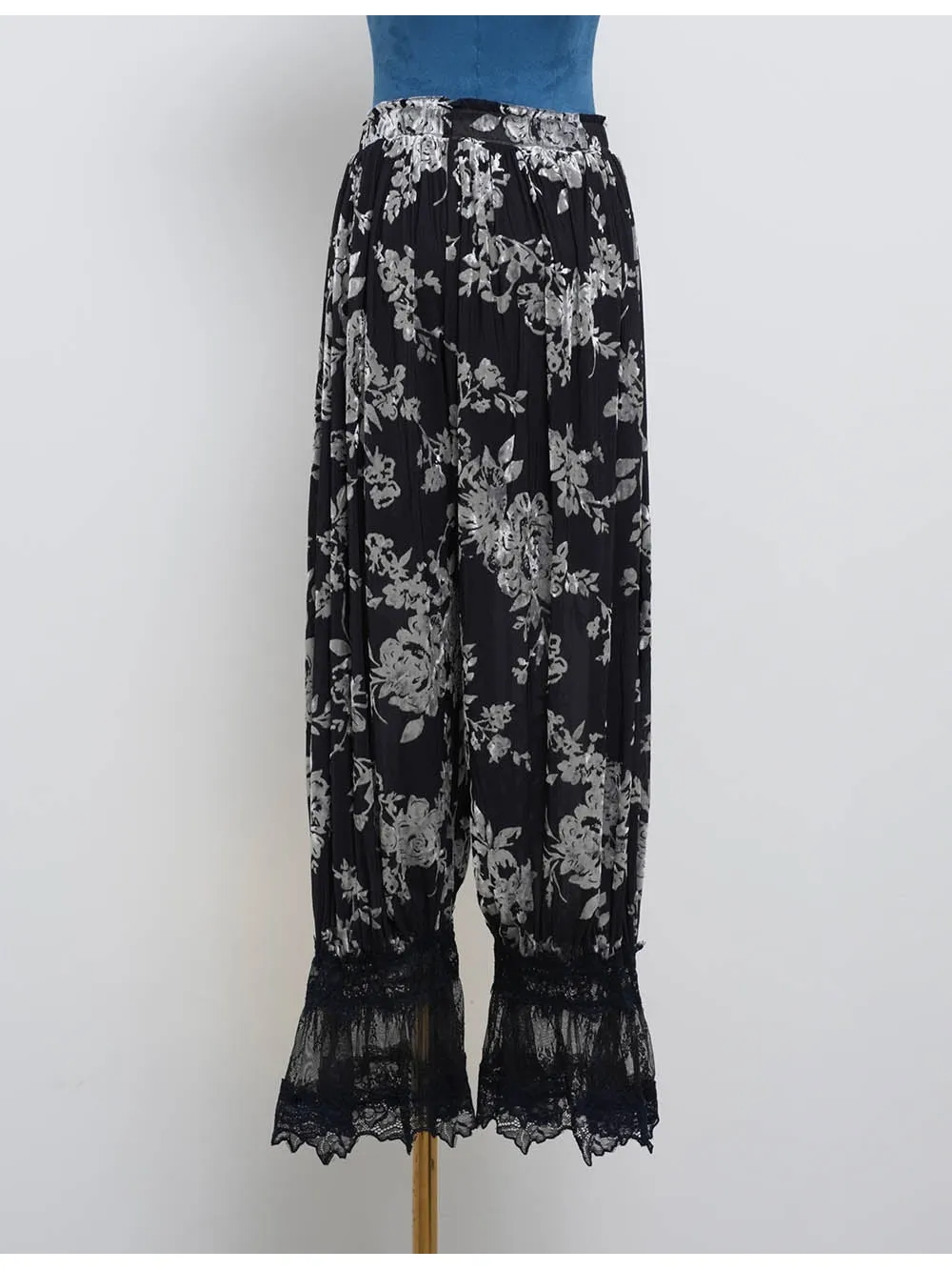 Lace Hem Flocked Elastic Waist Lantern Pants