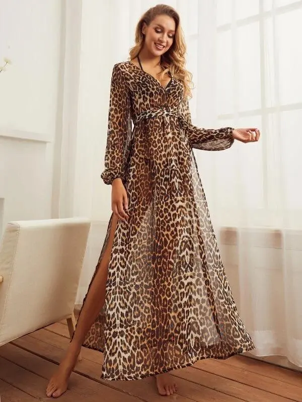 Luludress 2025 Split Thigh Belted Leopard Dress