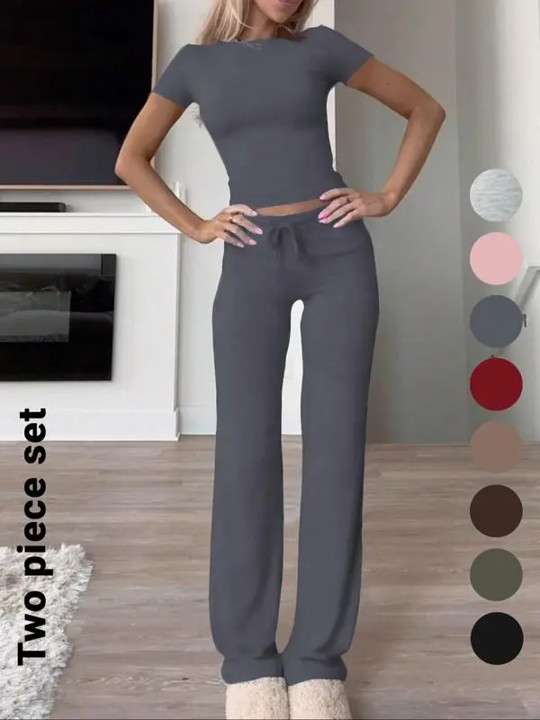 Women's Solid Short Sleeve Two-piece Set