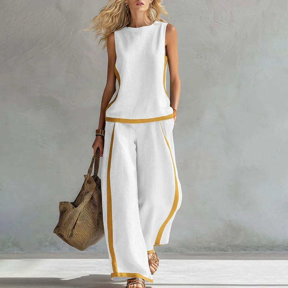 Linen Blend 2-Piece Set for Women Sleeveless Color Block Top Wide Leg Pants Set