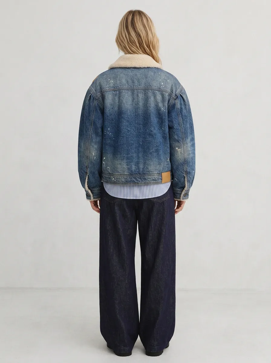 Women's Vintage Distressed Sherpa Collar Denim Jacket