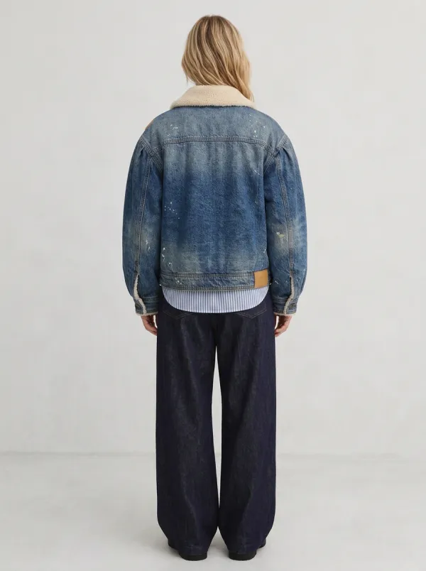 Women's Vintage Distressed Sherpa Collar Denim Jacket