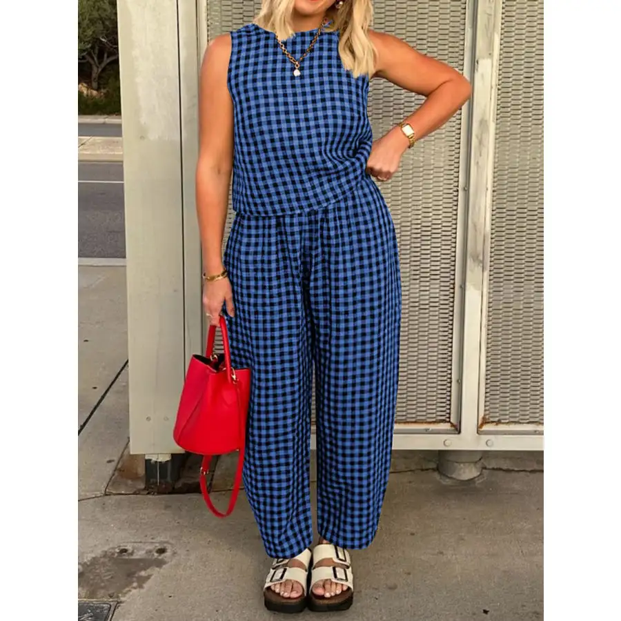Lovelet Plaid Round Neck Sleeveless Top and Pants Set