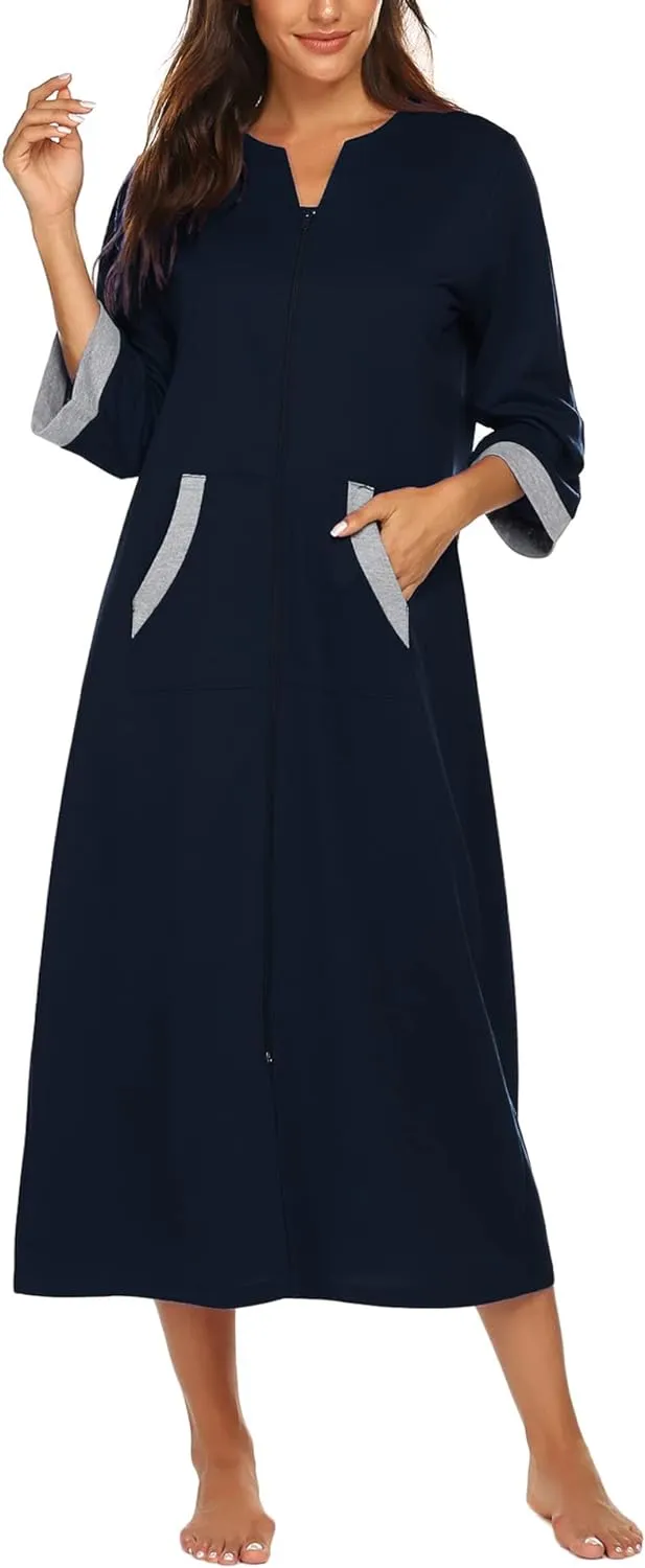 50% OFF Women Zipper Robe 3/4 Sleeves Loungewear Dress Full Length Sleepwear Pockets Housecoat Nightgown Long Bathrobe