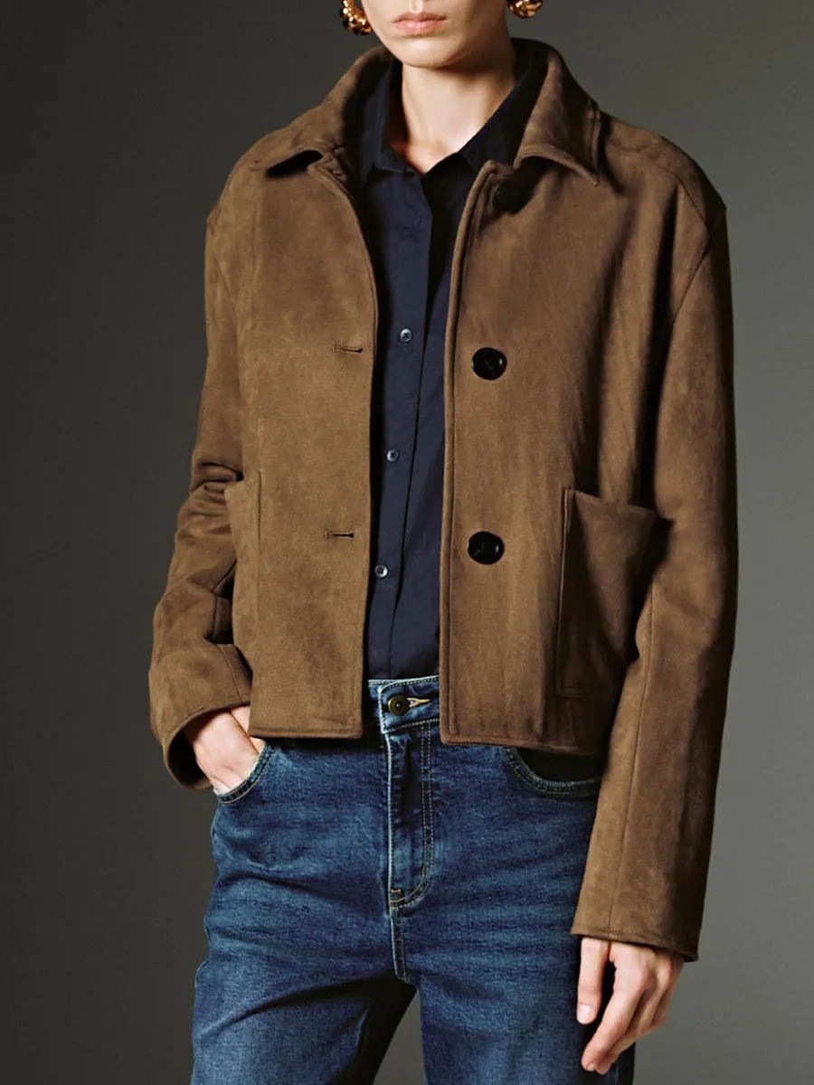 Ladies' Brown Loose Lapel Retro-Style Short Woolen Jacket