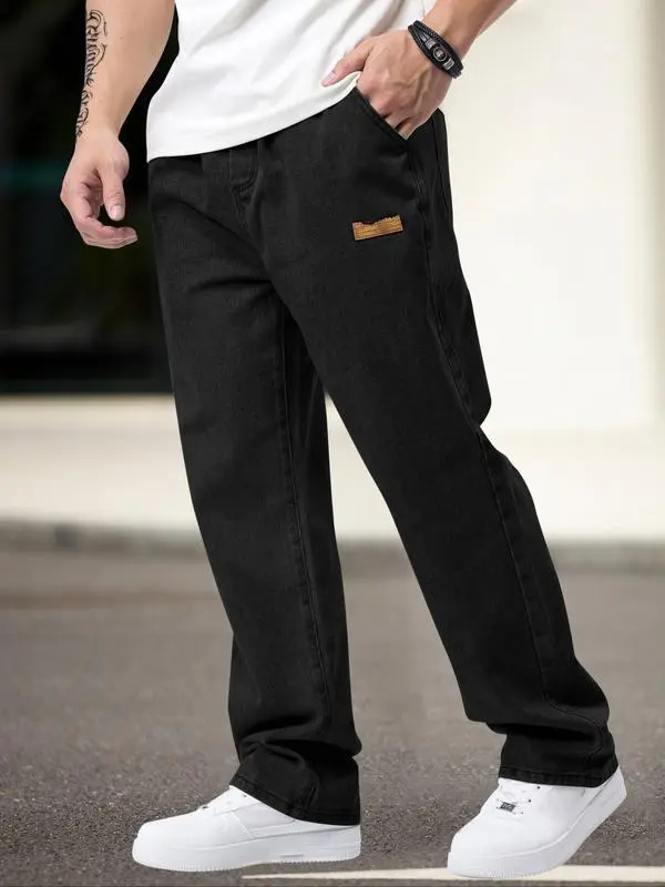 Men's drawstring elastic waist washed and distressed loose straight-leg jeans, non-stretchy denim pants, comfortable and loose fit. Suitable for daily casual wear, urban gatherings, and weekend fashion looks. A must-have trendy men's pants 🔥
