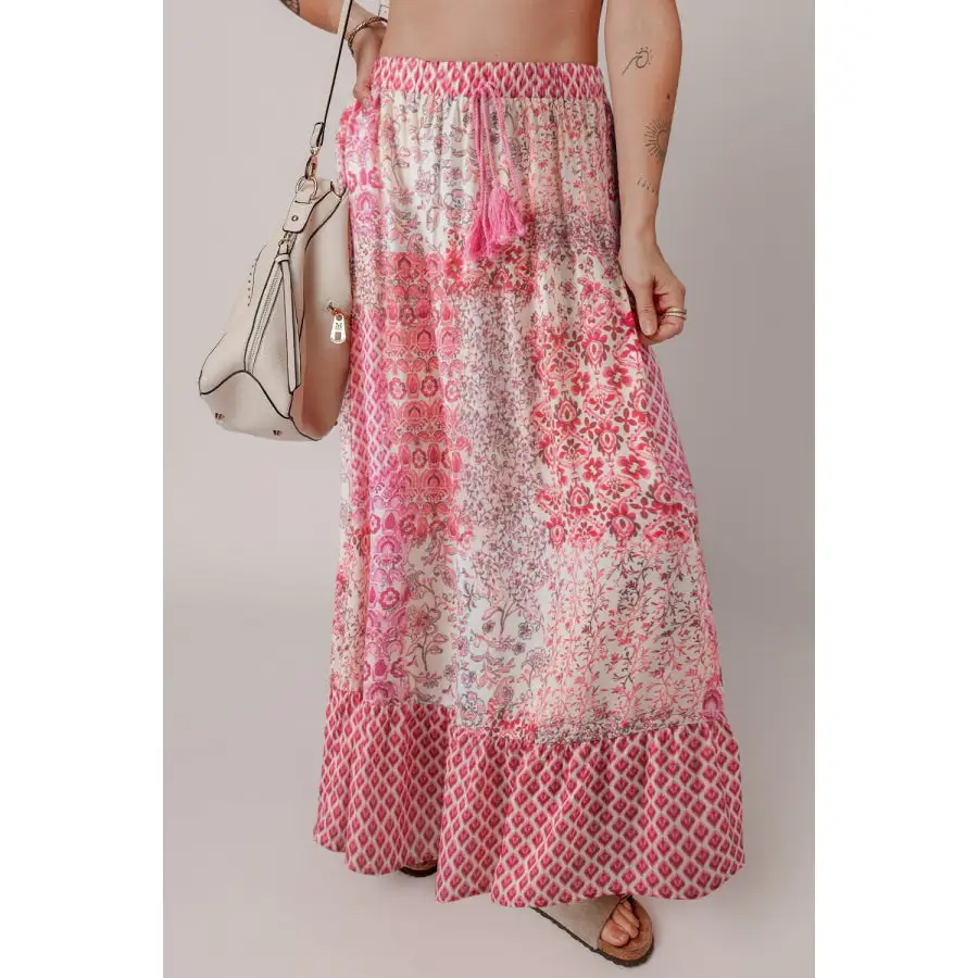 Printed Tassel Drawstring High Waist Maxi Skirt