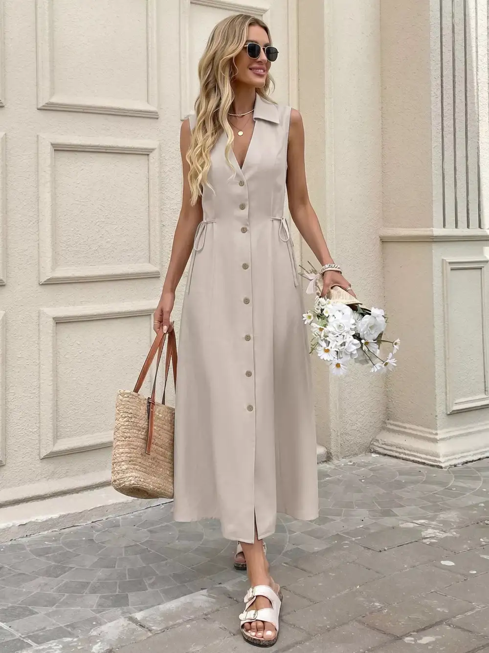 Button Front Sleeveless Midi Dress