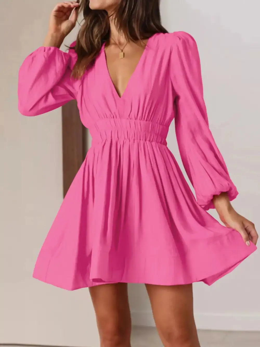 V Neck Long Sleeve Mini Dress