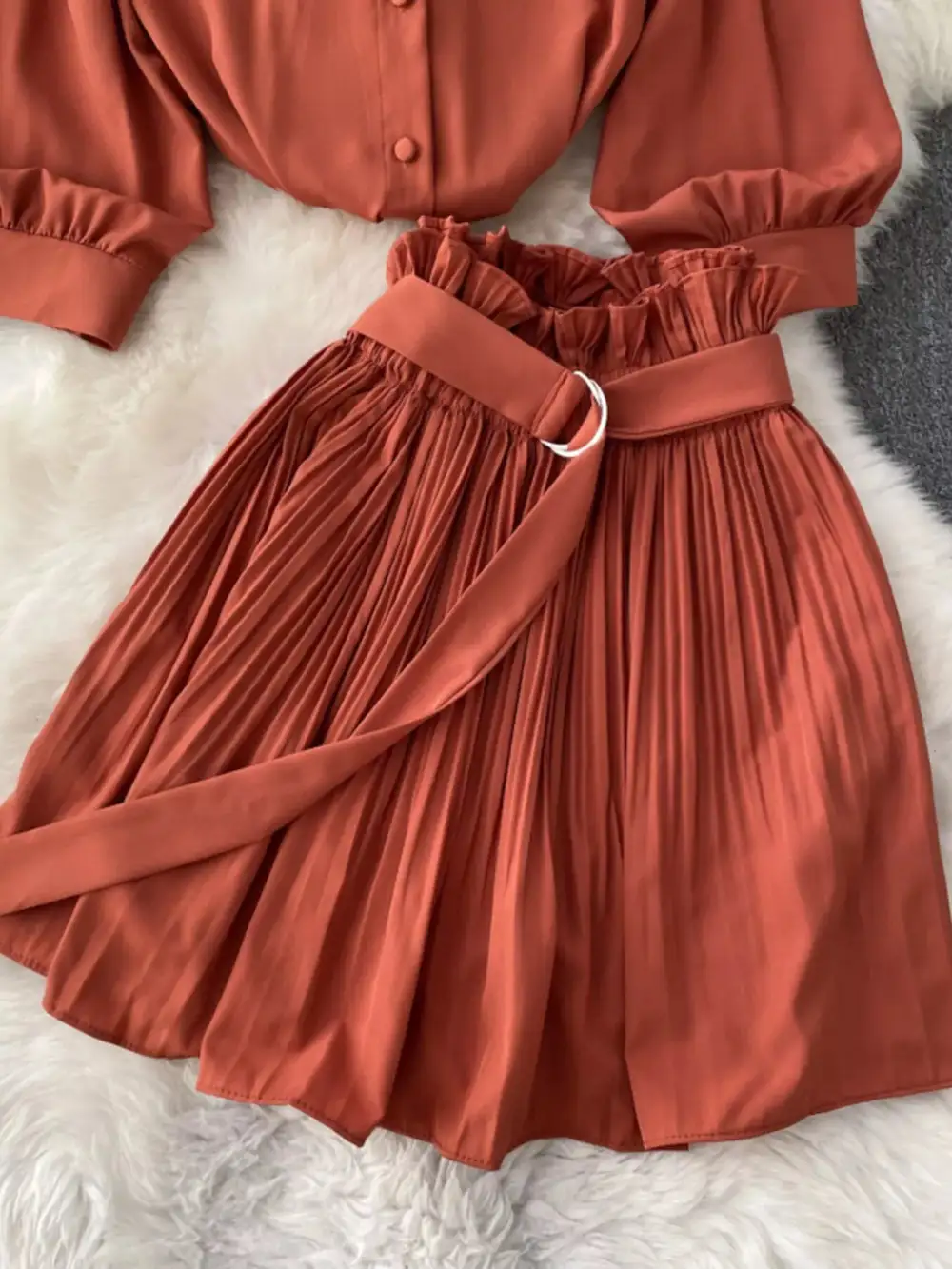 Puff Sleeve Pleated Coordinated Set