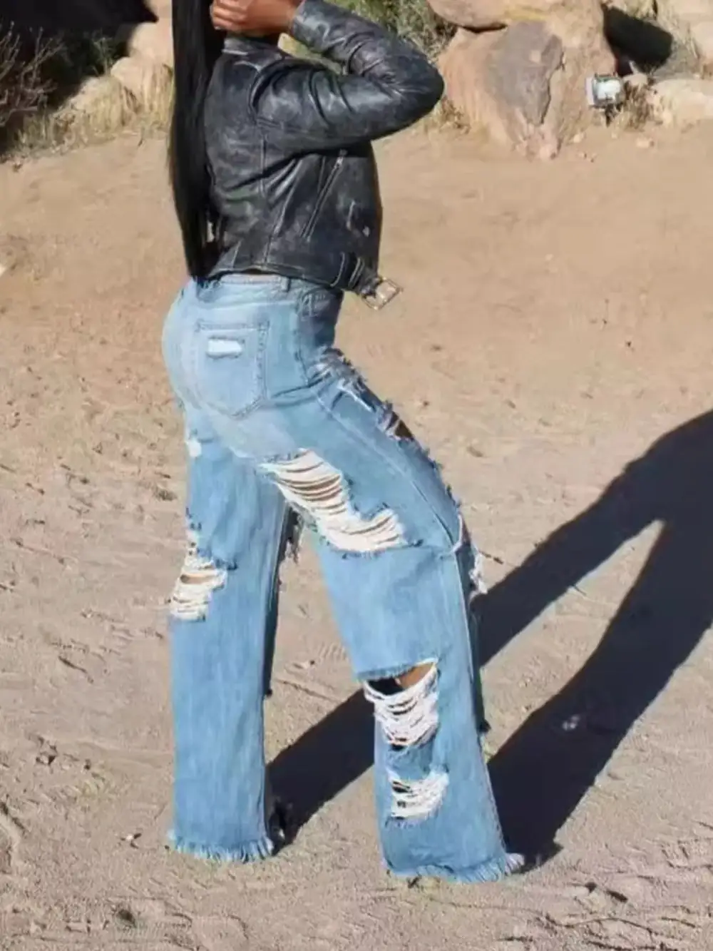 Wide Leg Distressed Denim Jeans