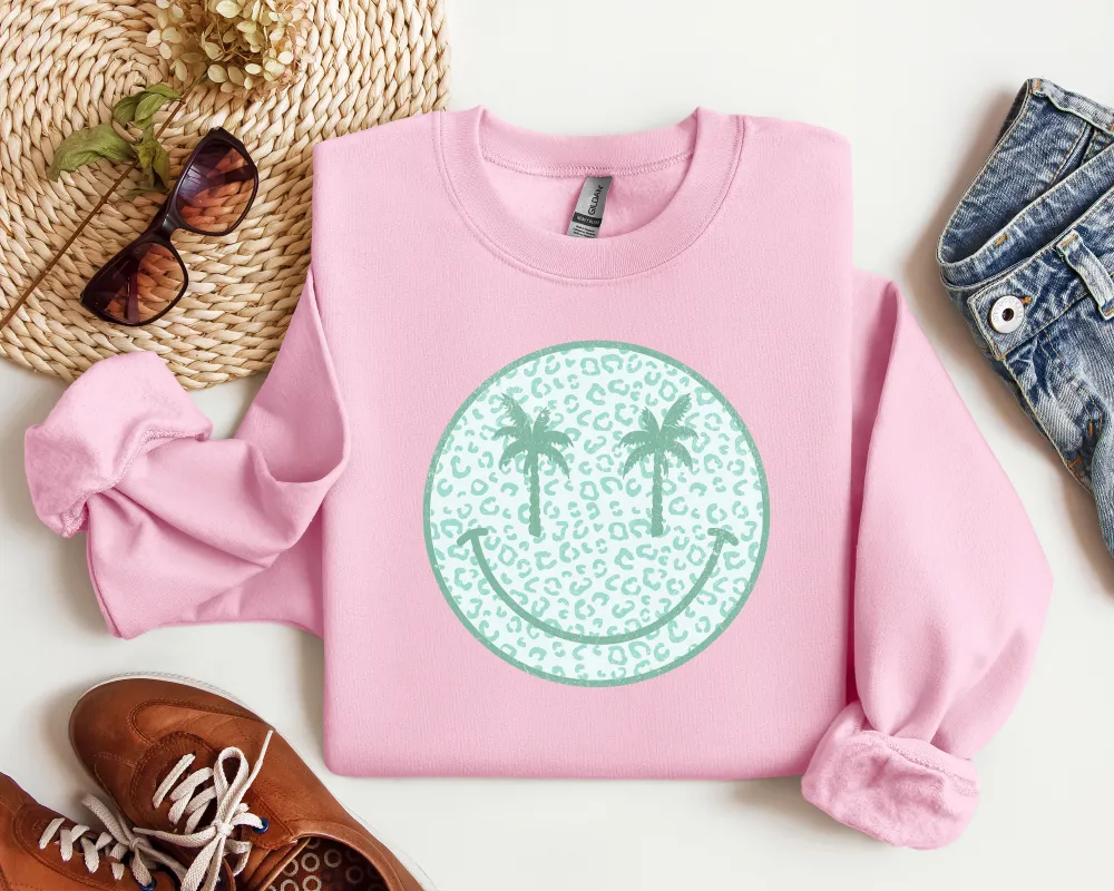 Palm Tree Smiley Graphic Crewneck Sweatshirt