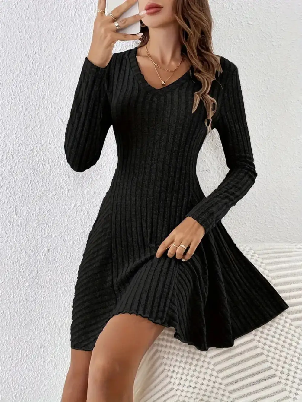 Ribbed Knit Long Sleeve Sweater Dress