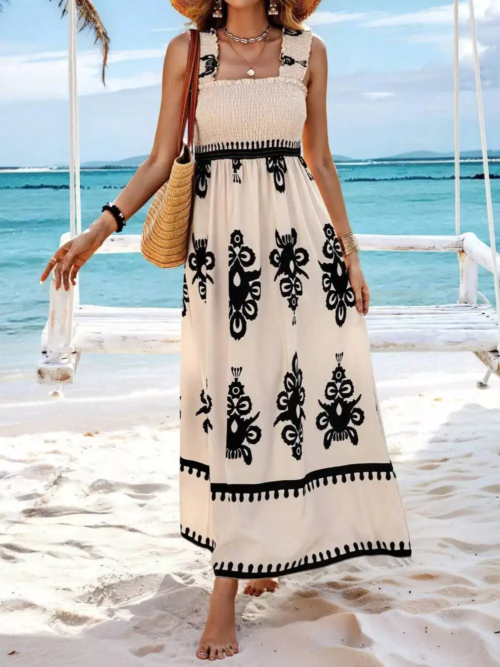 Printed Square Neck Smocked Maxi Dress