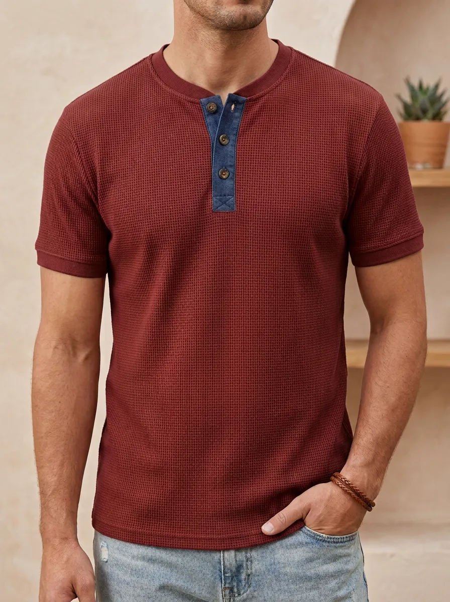 Waffle-Knit Contrast-Button Ribbed Men's Short-Sleeve Henley Shirt