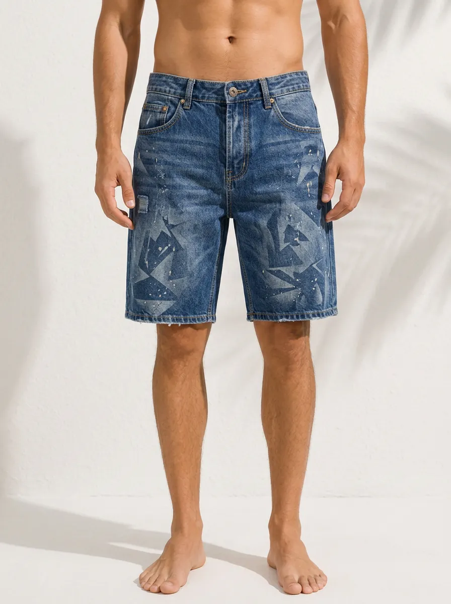 Men's Geometric Pattern Paint Splatter Printed Denim Shorts