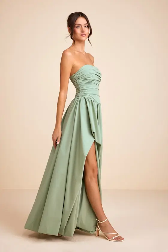 Marilou Light Yellow Strapless Ruched Lace-Up Maxi Dress