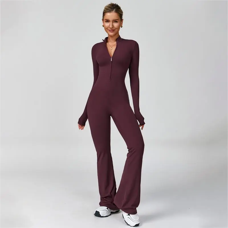 Women's Long Sleeve Flared Sports Jumpsuit - Zipper Jumpsuit, Wide Leg Bodysuit, Sexy One-Piece Yoga Jumpsuit
