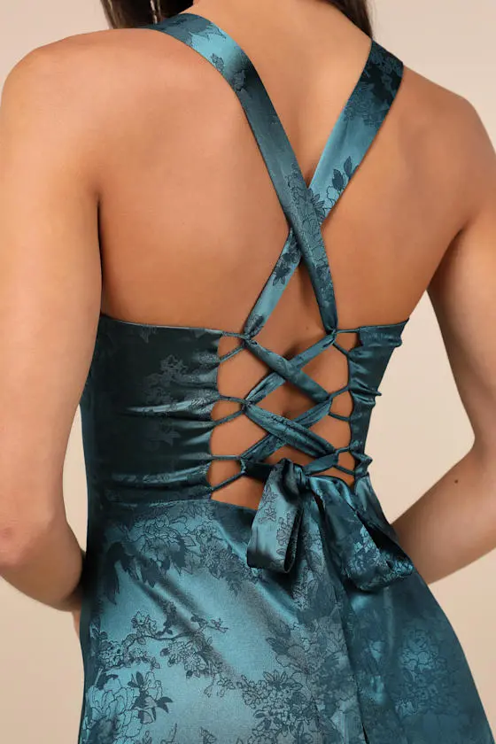 Exquisite Outlook Blue Floral Jacquard Satin Lace-Up Mini Dress