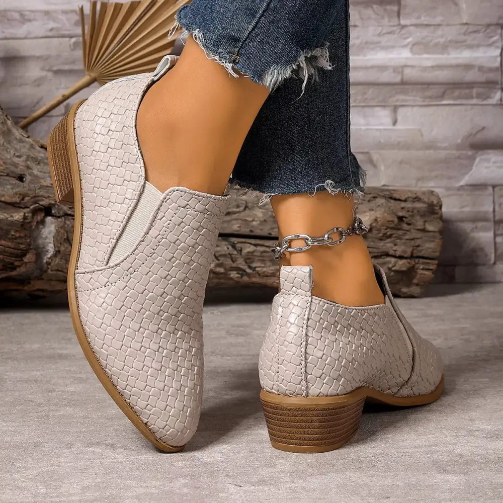 Textured Point Toe Block Heels Ankle Boots