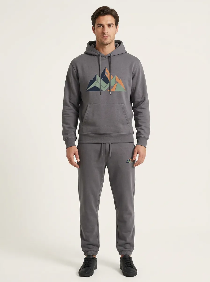 Men's Geometric Mountain Print Hoodie & Cuffed Jogger Set