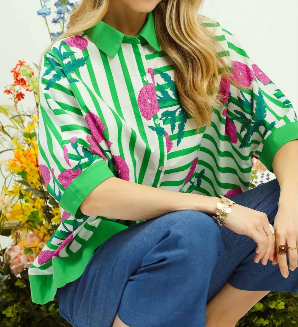 Mix Stripe Button Down Top