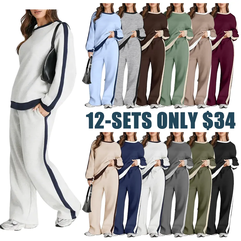 Women's 2 Piece Outfit Fleece Sweatsuit Casual Lounge Matching Sets Crewneck Loose Fit Cozy Sweatshirt & Straight Leg Sweatpants Womenswear Clothes Chic