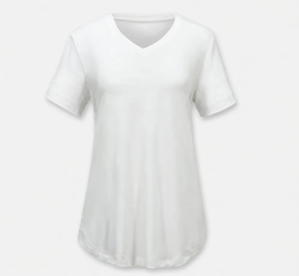 Women's Casual V-Neck Solid Color T-Shirt with Curved Hem
