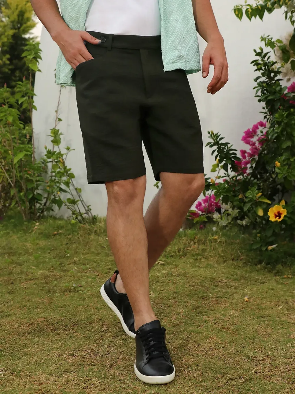 Green Casual Style Poly-Linen Shorts