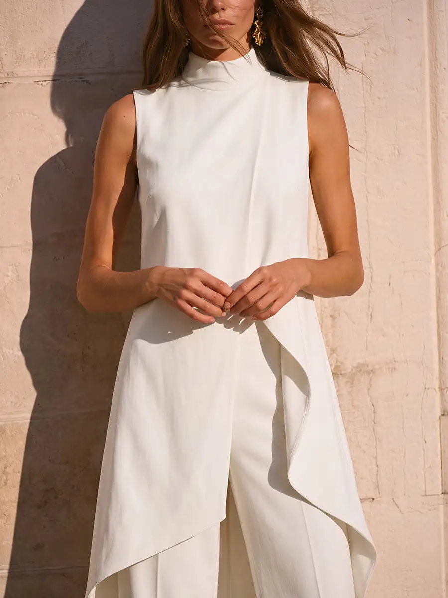 Mock Neck High Low Blouse And Pants Set