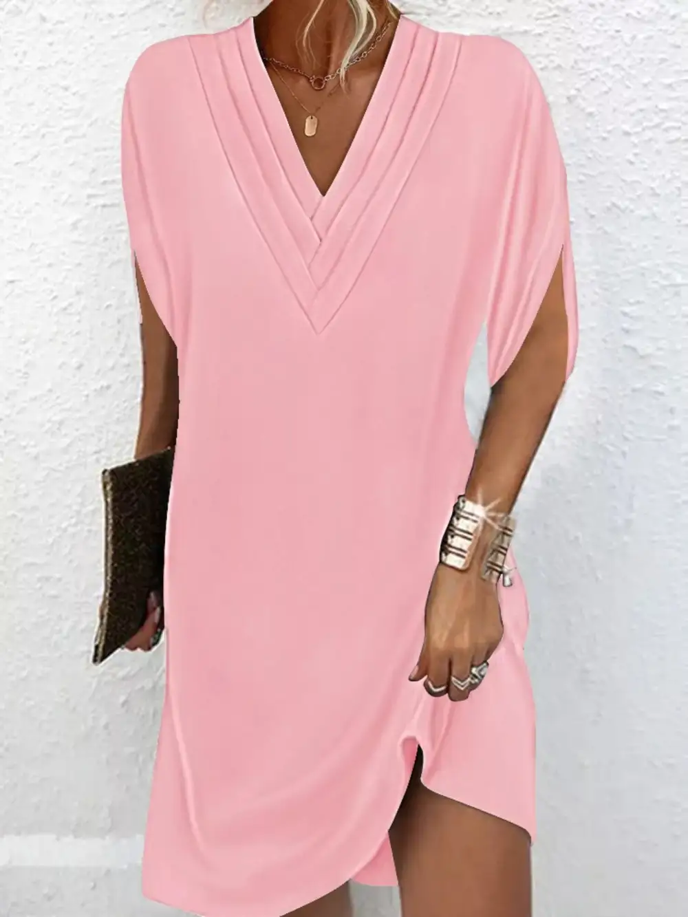 V-Neck Side Slit Mini Dress