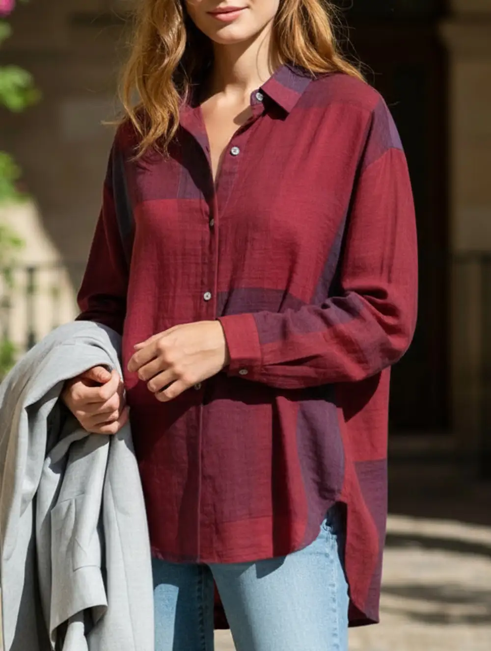 Long-Sleeved Plaid Irregular Shirt