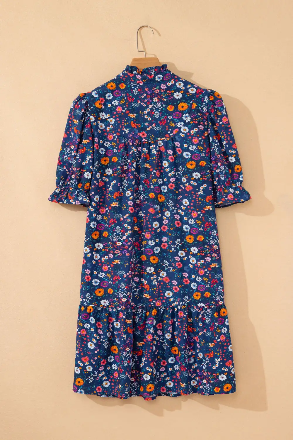 Polished Detail Floral Split Neck Puff Sleeve Mini Dress