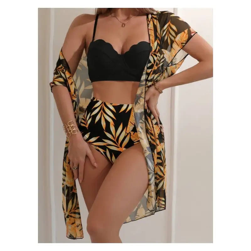 Printed Bikini Set with Mesh Cover-up