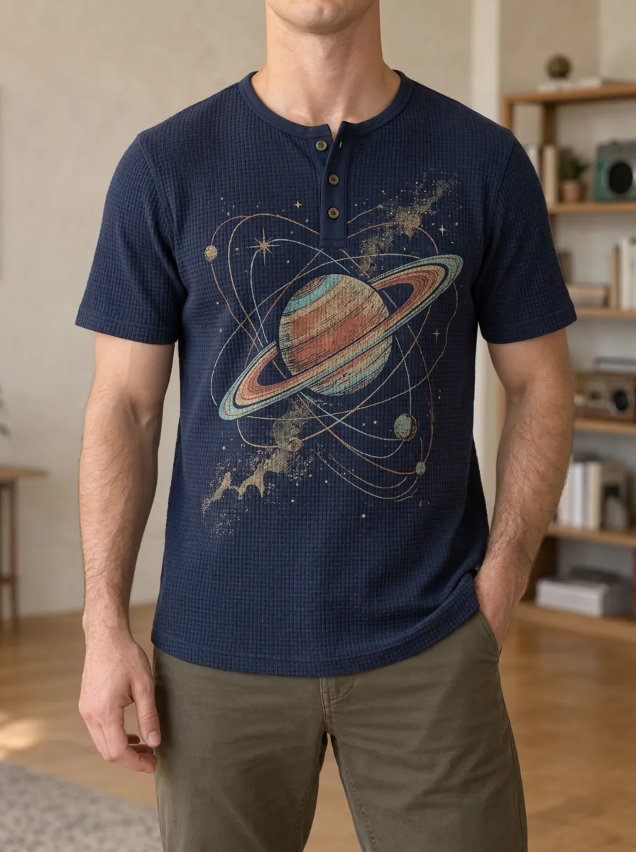 Men's Modern Space Astronomy Saturn Planet Henley T-Shirt