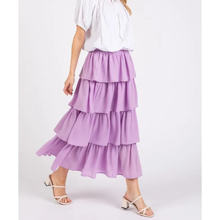 Chiffon Ruffle Layer Elastic Waist Midi Skirt