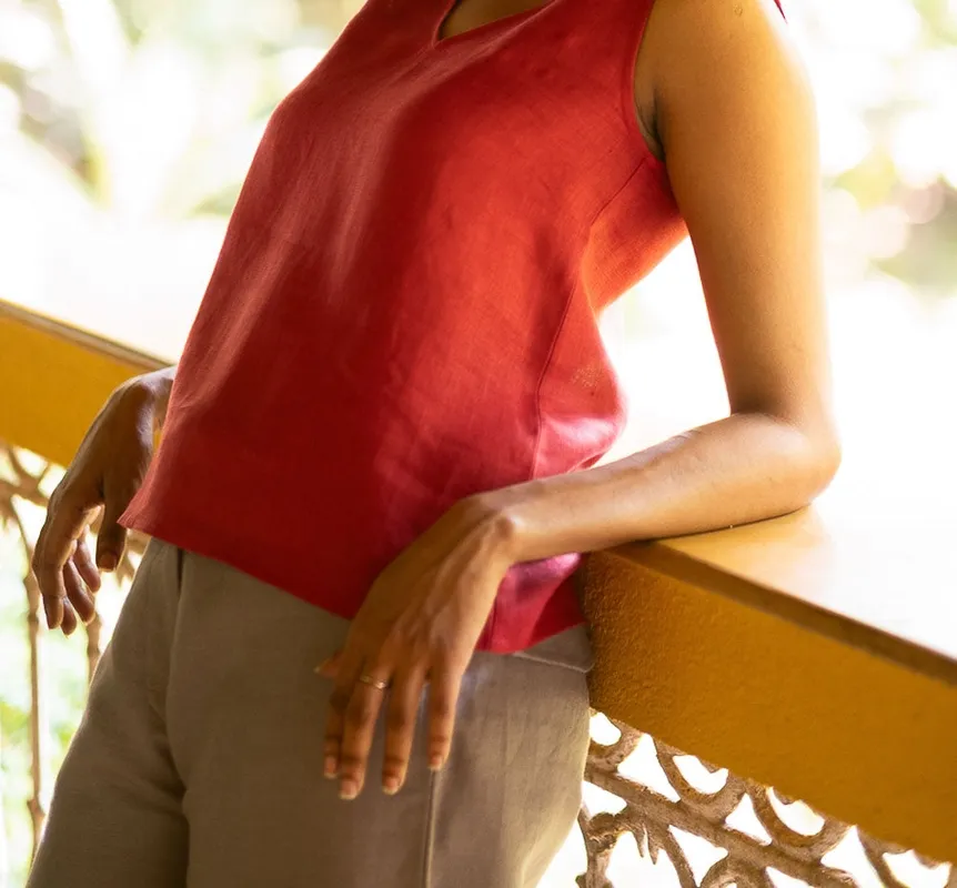 Rust Red Linen V-Neck Tank