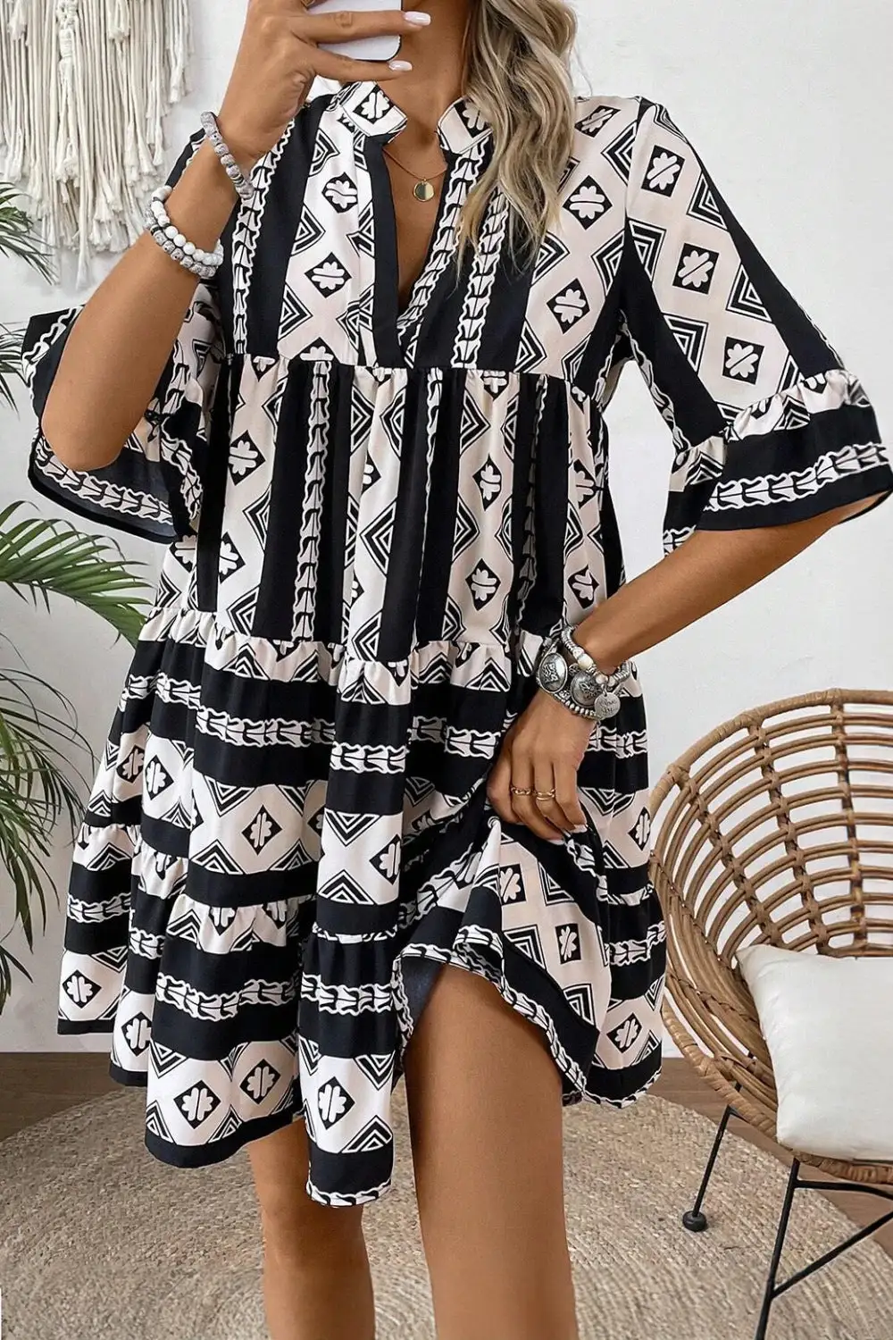 Geometric Print Ruffle Mini Dress