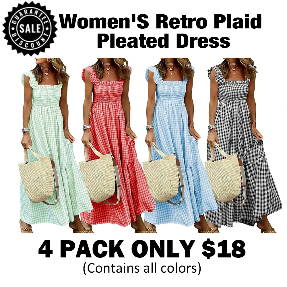 Women's Retro Plaid Pleated Dress🔥8-Pack - All Colors Included, Only $24