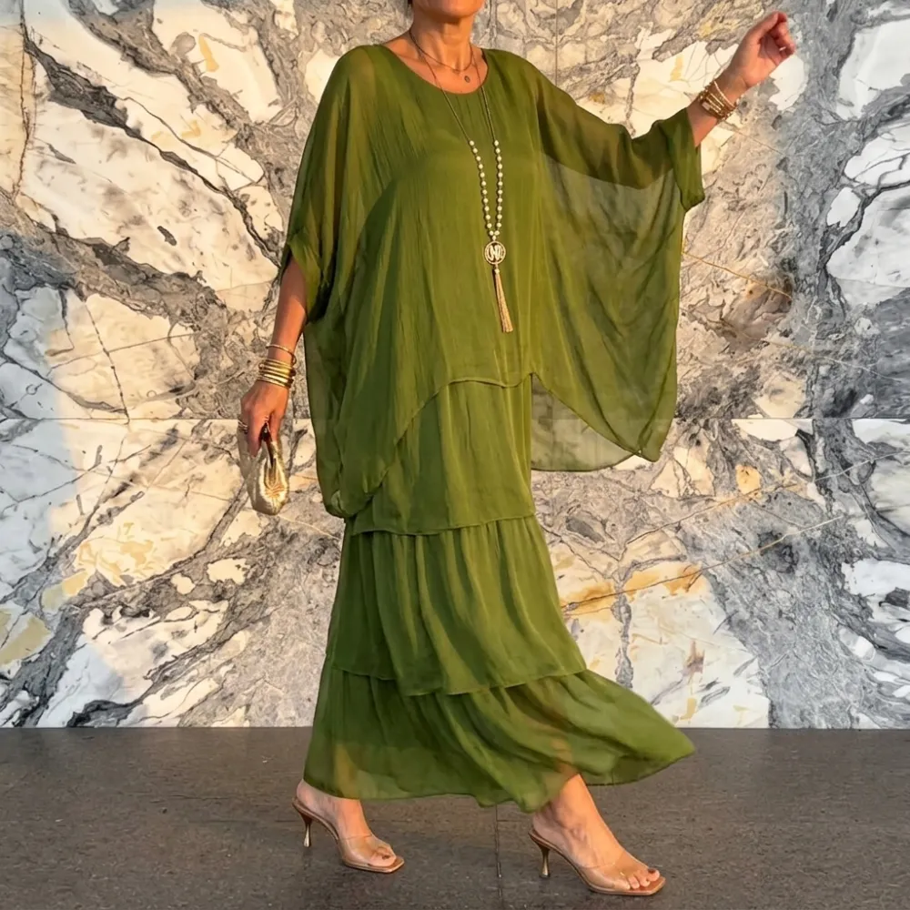 Tiered Chiffon Satin Finish Maxi Dress