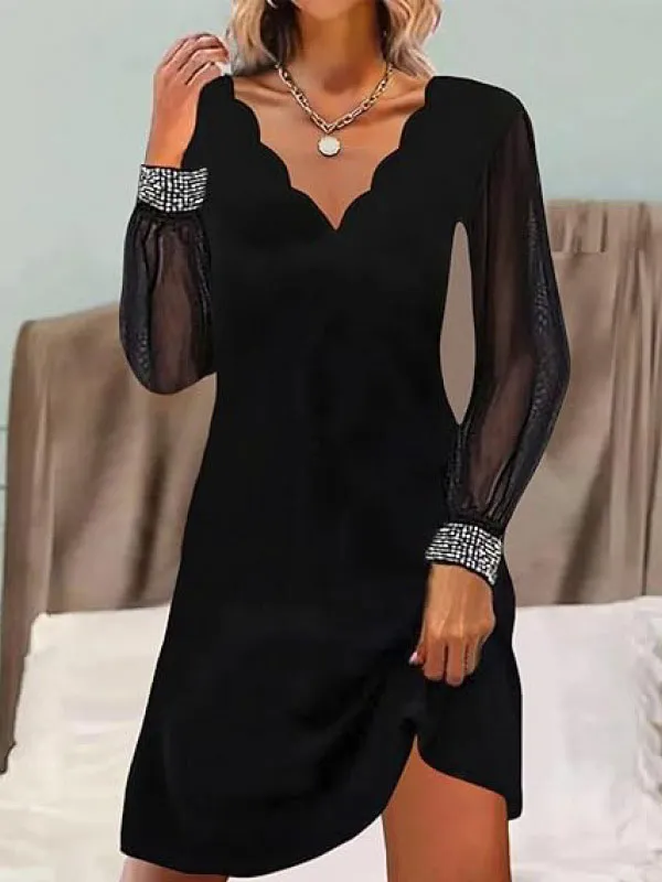Long Sleeve Relaxed Elasticity See Through Split Joint V Neck Mini