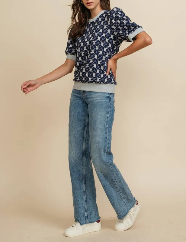 Nordic Star Jacquard Puff Sleeve Knit Top