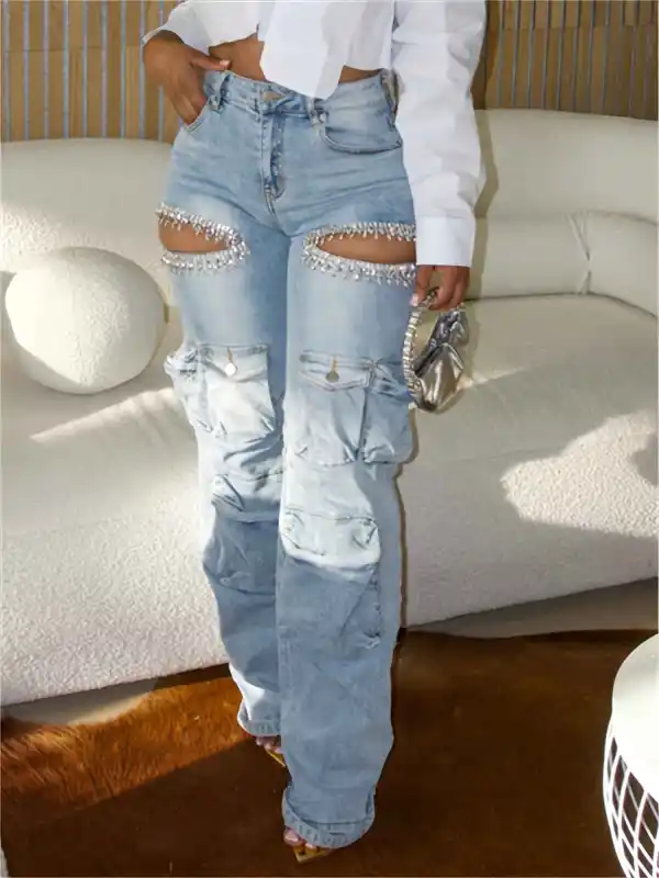 High-Rise Rhinestone-Embellished Women's Cargo Jeans