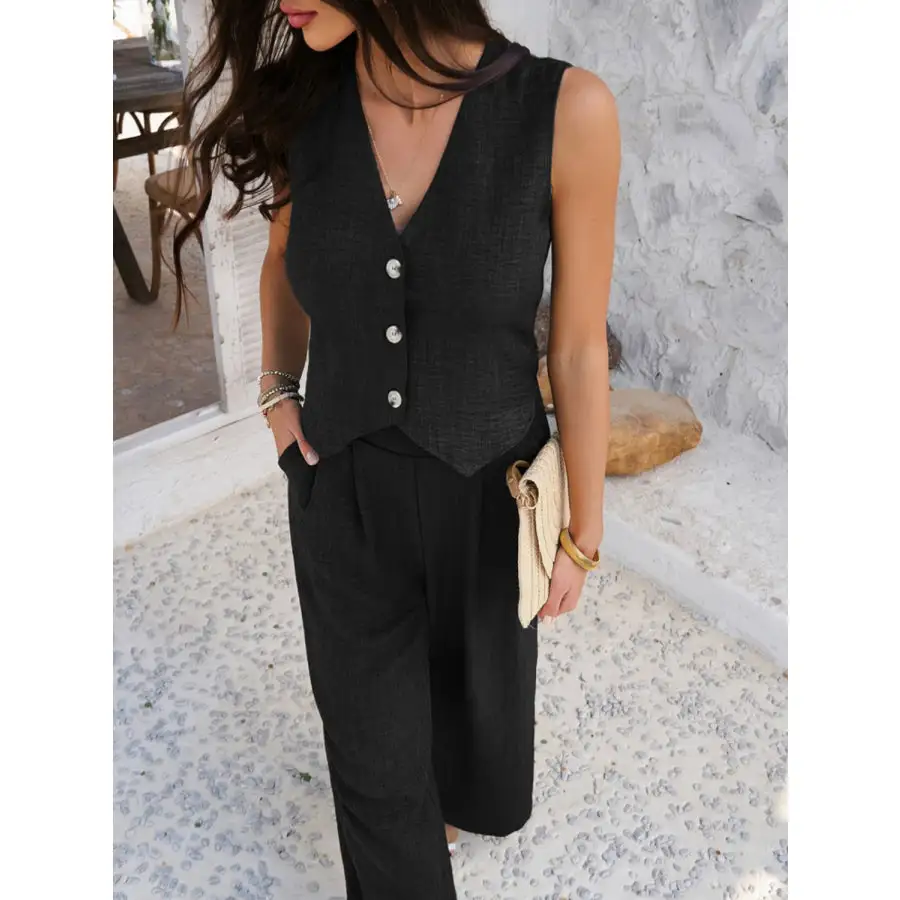 Button Down Vest and Wide Leg Pants Set