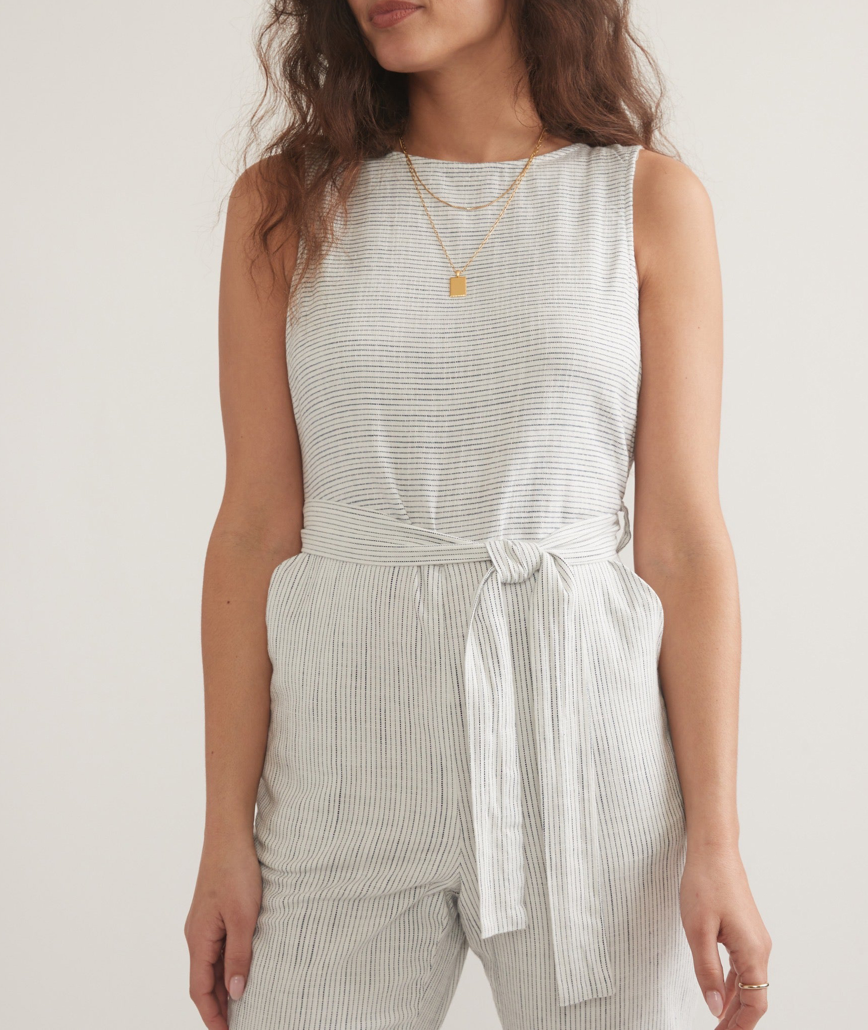 Belted Striped Linen Jumpsuit