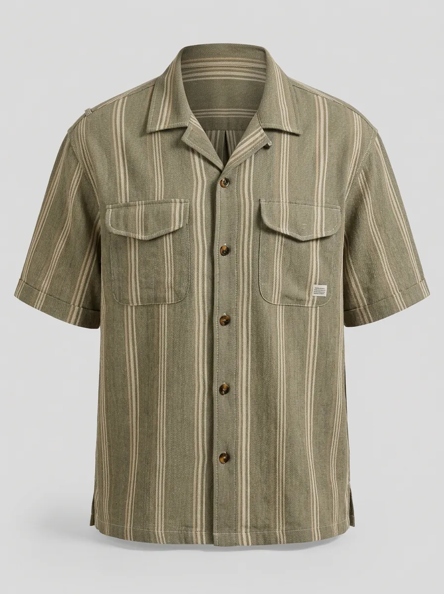 Men's Casual Summer Olive Green Vertical Striped Button Down Shirt