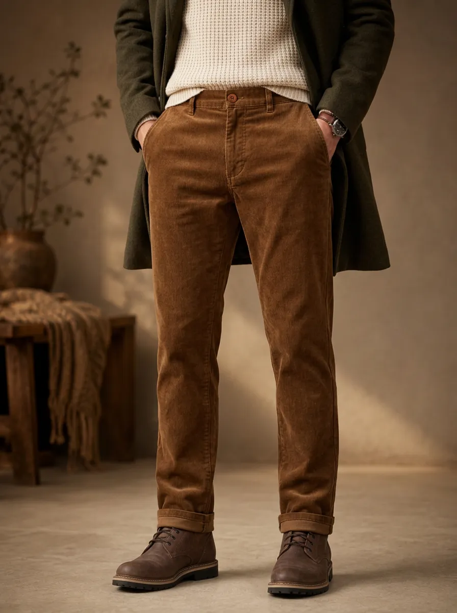 Men's Autumn Winter Button Fly Comfort Corduroy Casual Trousers