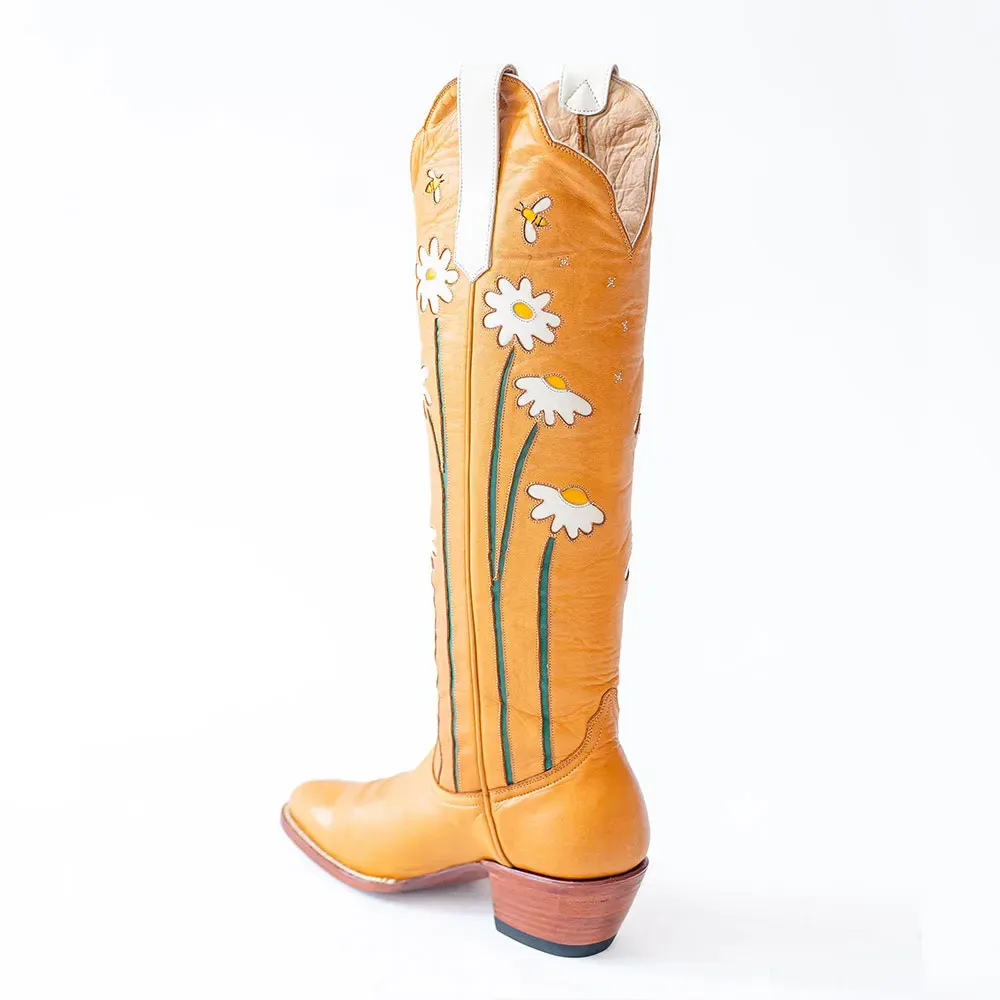 Faux-Leather Floral Chunky-Heel Platform Mid-Calf Boots