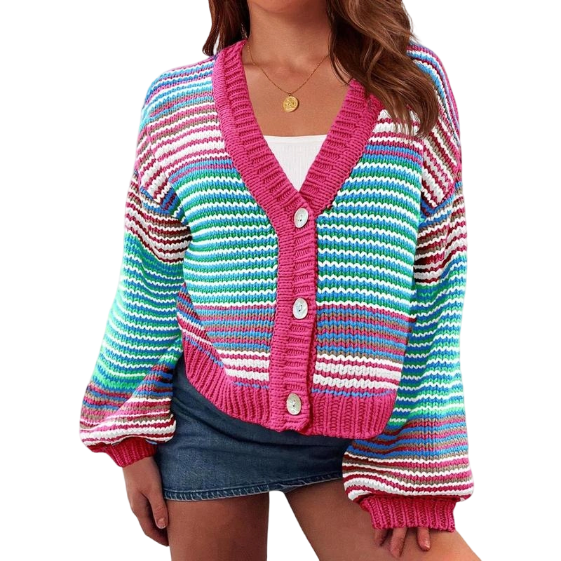 Womens Striped Cardigan Sweaters Oversized Puff Sleeve Button Up V Neck Color Block Knit Sweater Coat