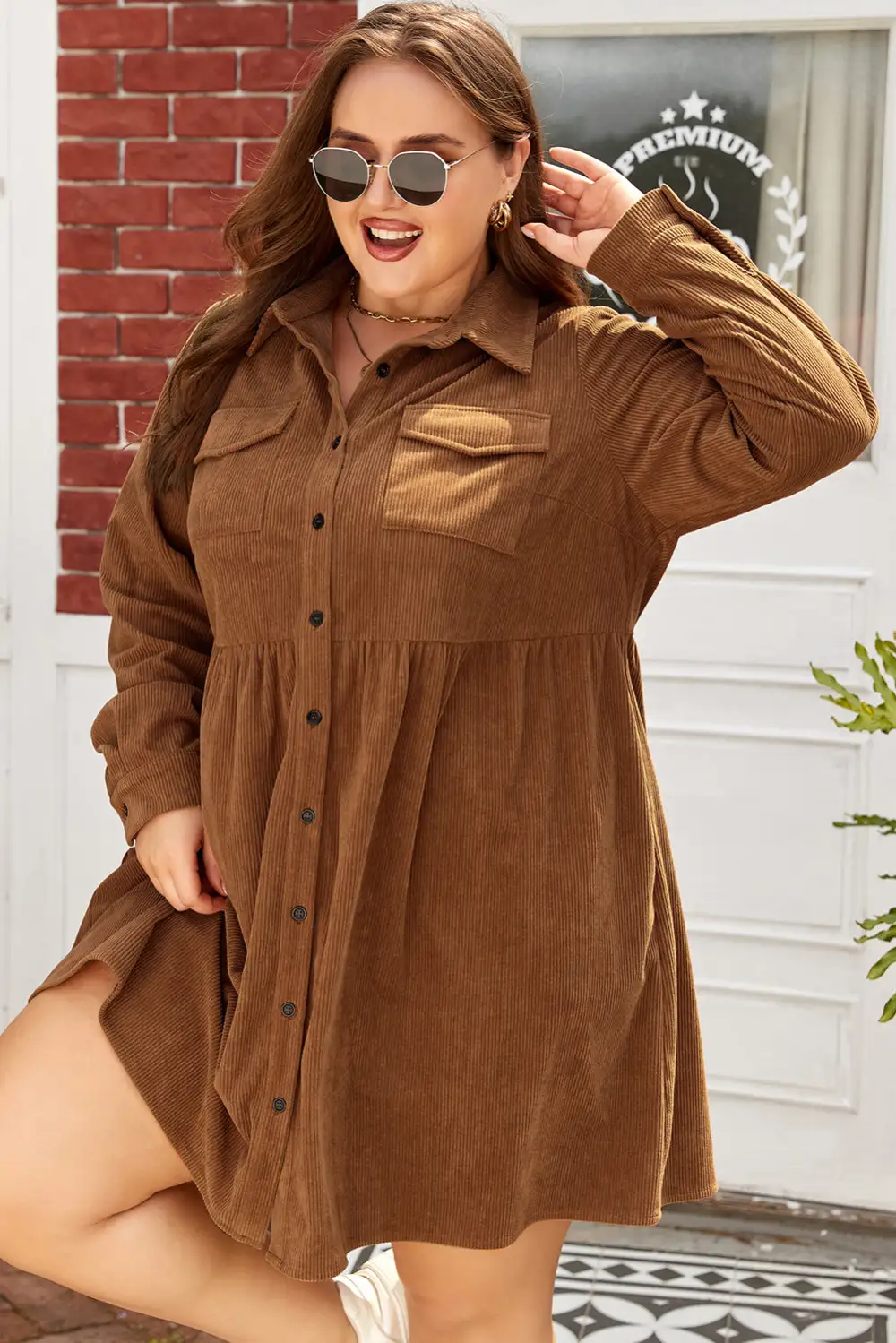 Corduroy Button Front Collared Dress Casual